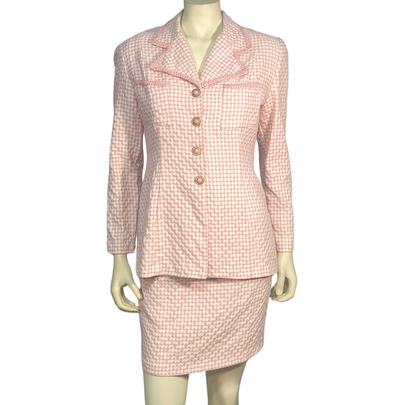Vtg 90's Moda Int'l Sz 10 2 Pc Suit Blazer & Mini Skirt Pink Houndstooth Tweed - Picture 1 of 13